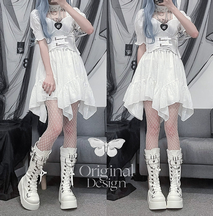 Gothic White Black Platform Boots High-Top Knight Boots 29702:369228