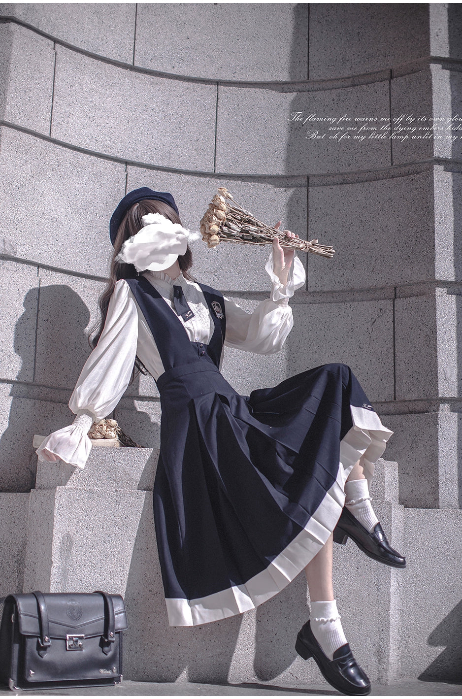 Navy Preppy Style Jumper Dress + Chiffon Blouse 41452:779237