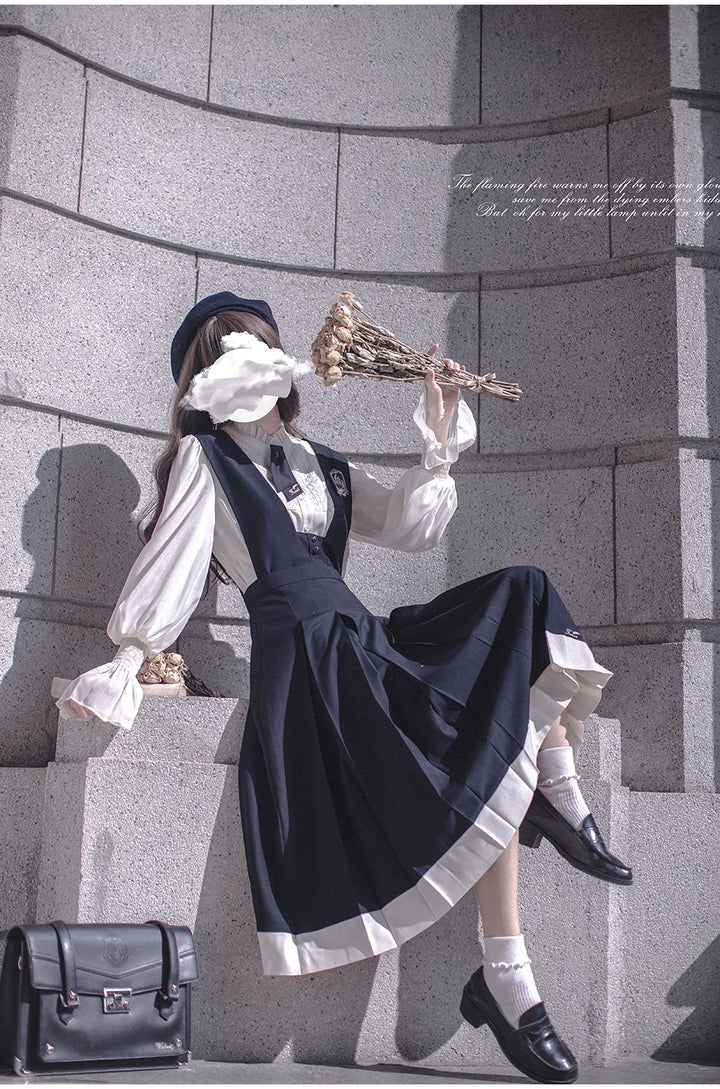 Navy Preppy Style Jumper Dress + Chiffon Blouse 41452:779237