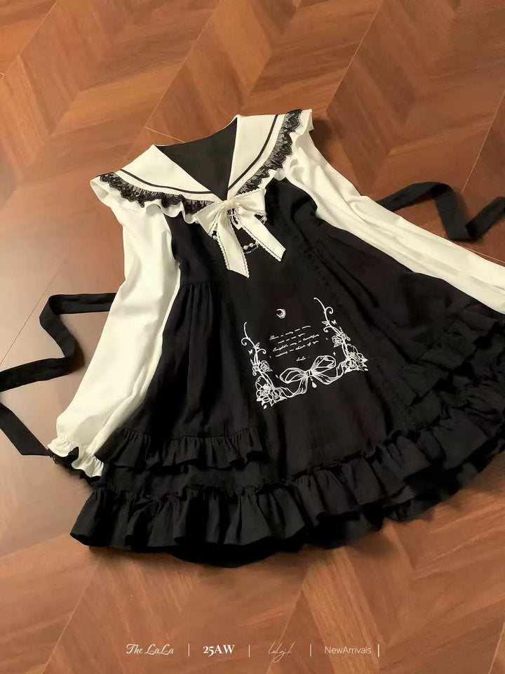 Doll-like Sailor Collar Dress, Back Waist Tie 44325:805845