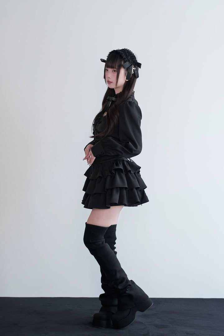 Black/Gray Jirai Kei Lace-Up Dress, Elastic Shorts 44329:806144