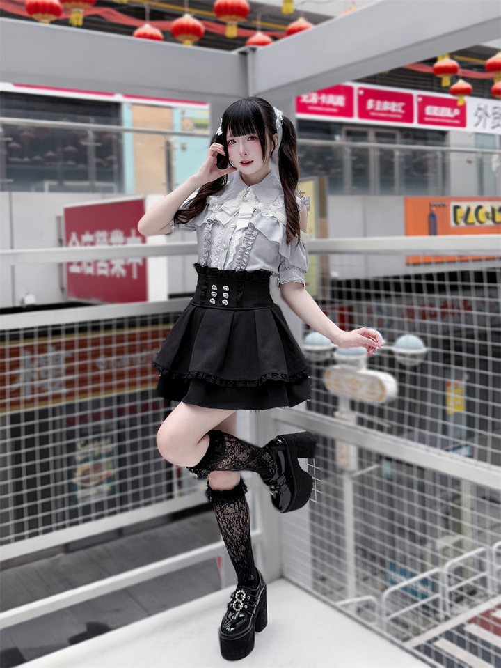 Black Jirai Kei Skirt High Waistband With Rhinestones 43246:771003