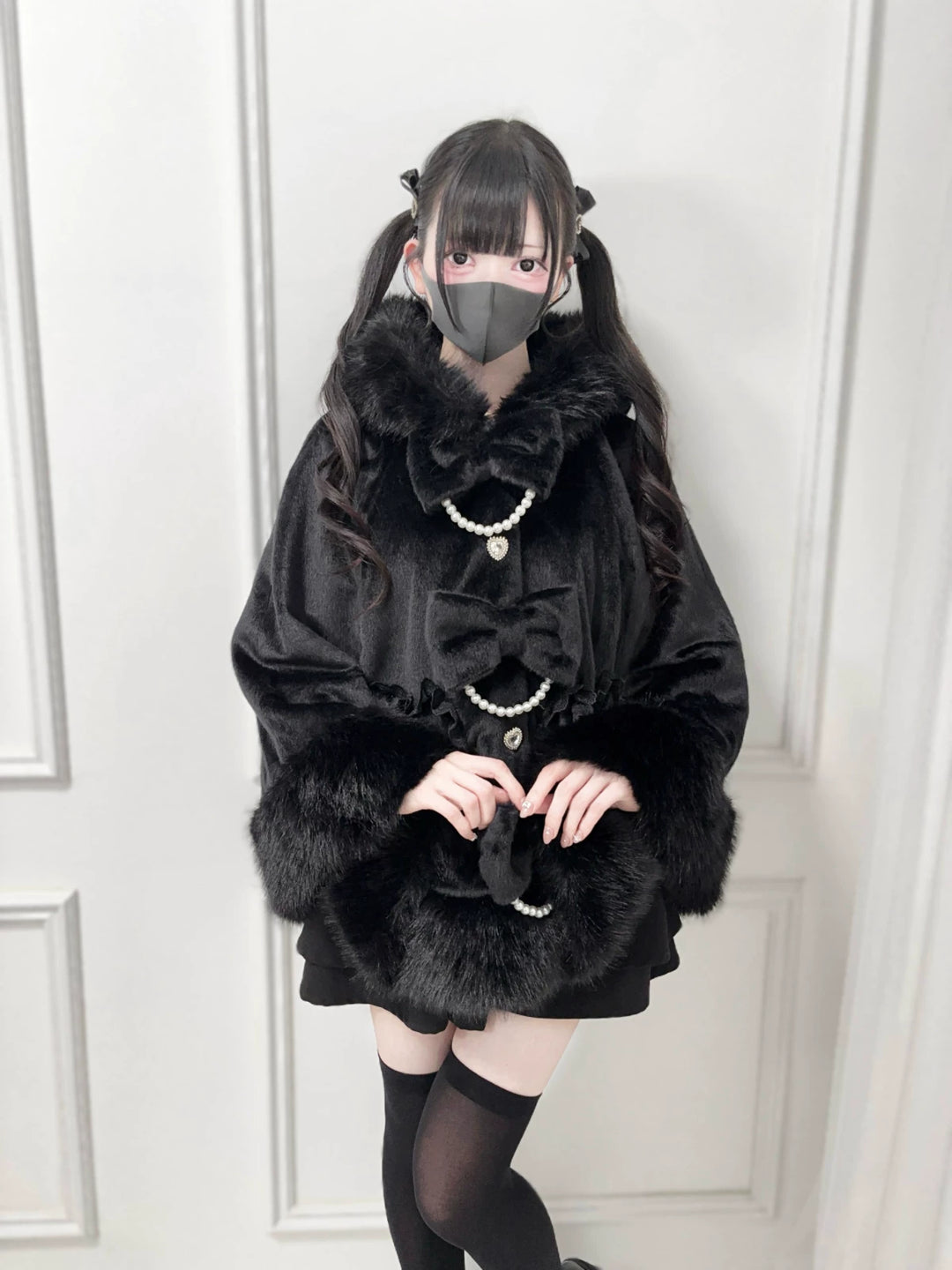 Hooded Jirai Kei Winter Cape, Bow Buttons 44428:808740