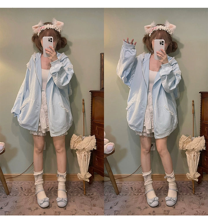 Fairy Kei Bunny Ears Hoodie Lace Coat Multicolor 22654:345496 22654:345496