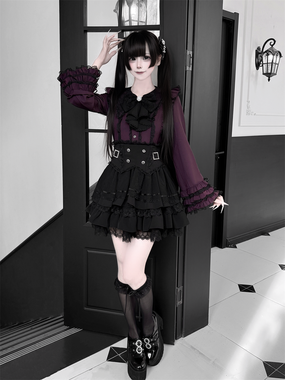 Jirai Kei Lace Blouse, High-Waist Tiered Skirt 44525:811425