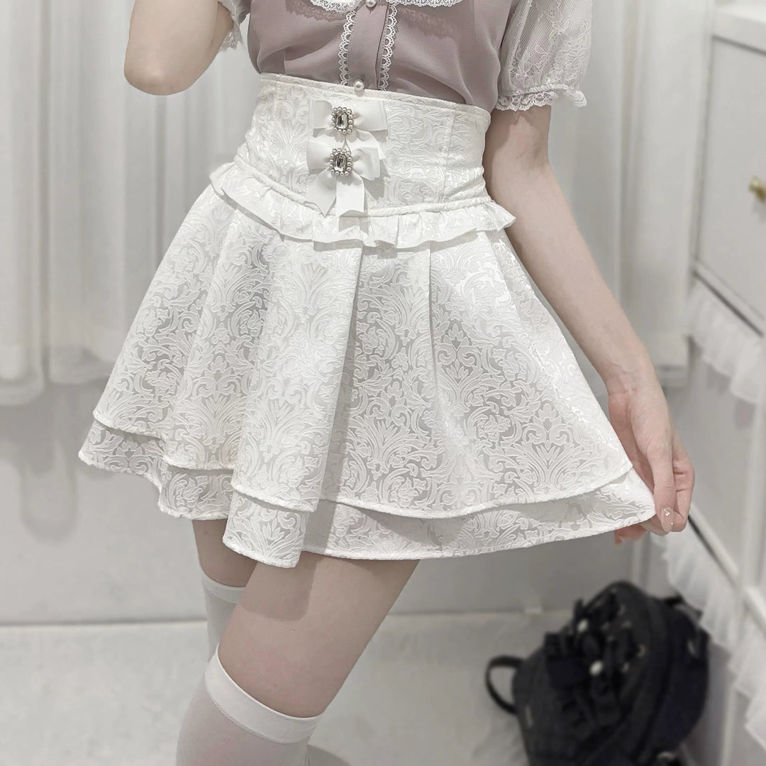 Jirai Kei Skirt Double Layer Skirt High Waist Jacquard Skirt (L M XL / White) 38738:600514