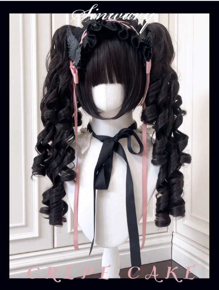 Black Jirai Kei Wig Set Lolita Roman Curly Double Ponytail 42183:730973