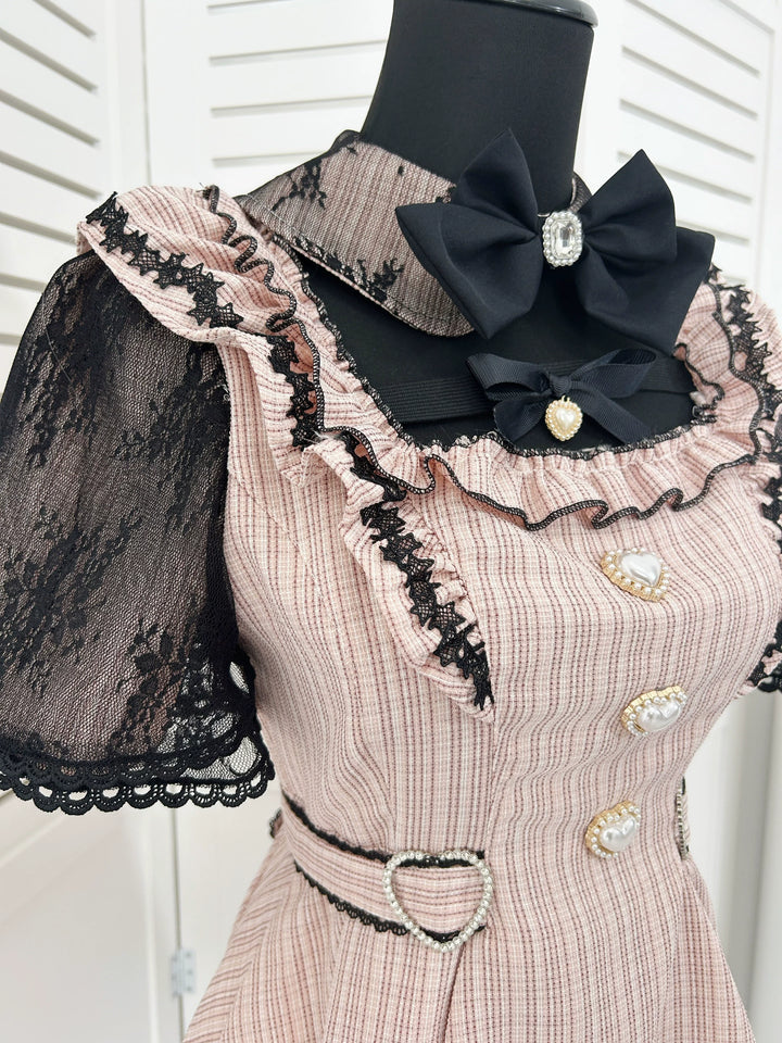 Jirai Kei Lace Sleeve Dress Set, Detachable Faux Collar 45261:842974