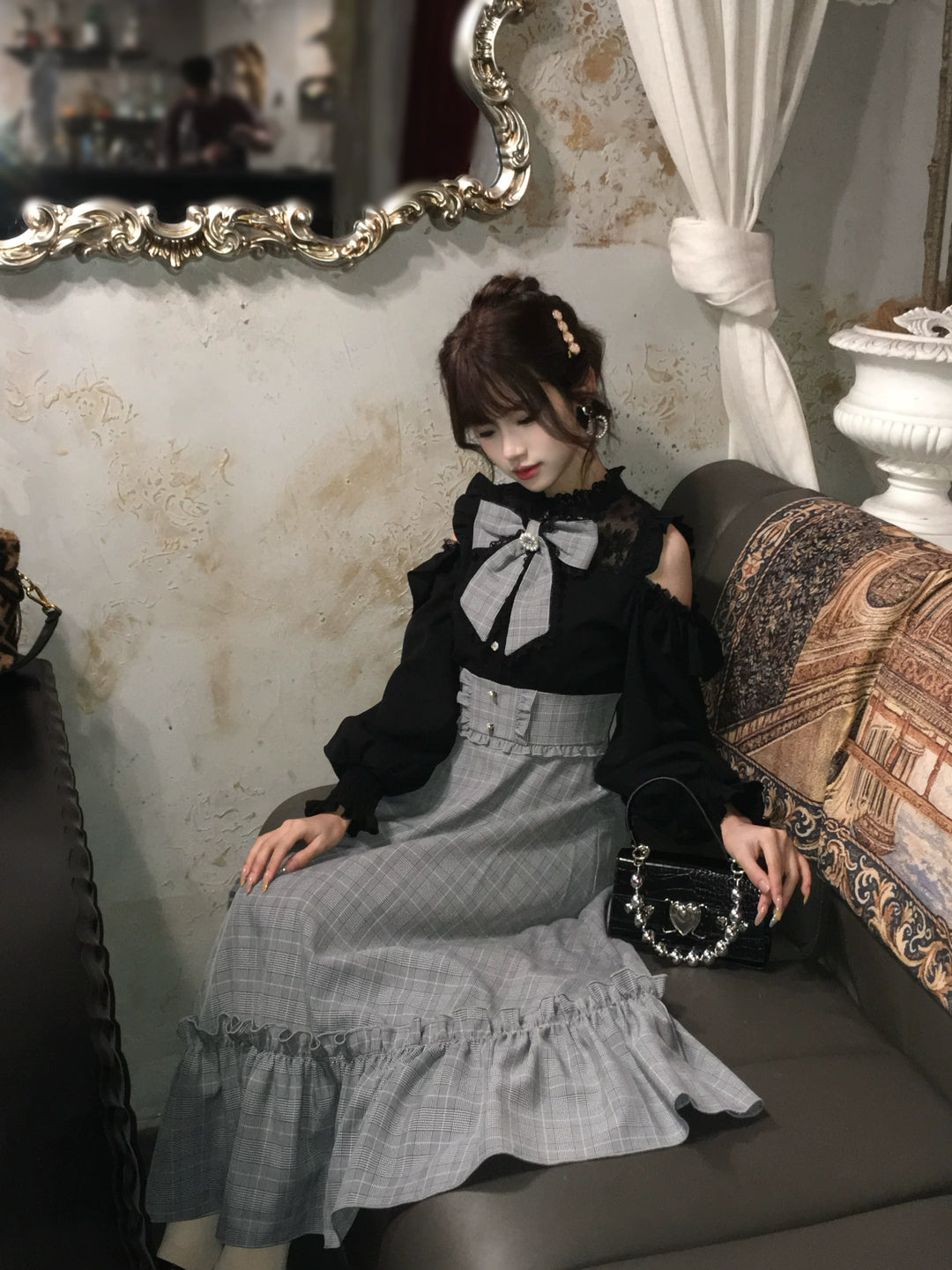 Jirai Kei Open-Shoulder Long Dress, Detachable Bow 44754:823947