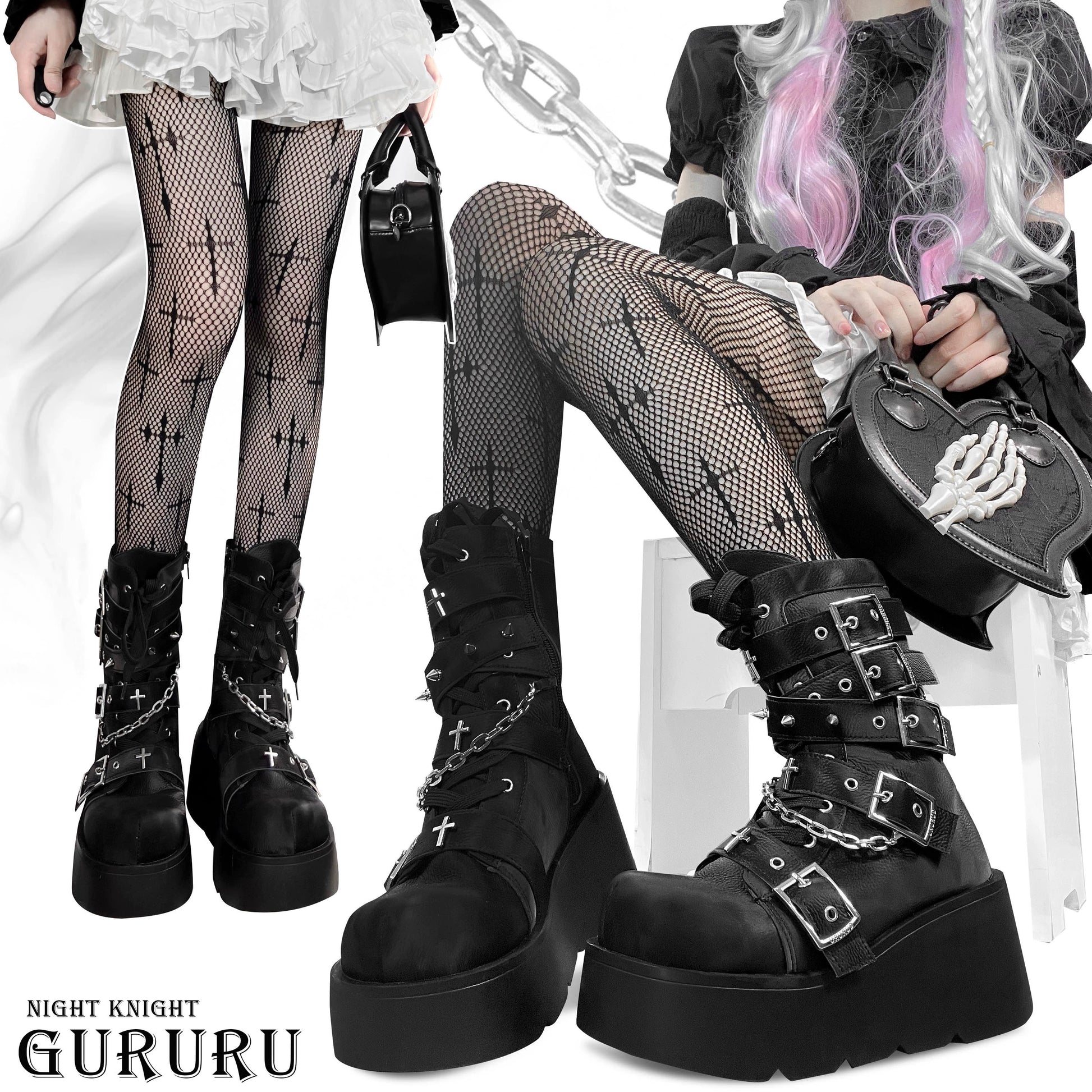 Y2K Spicy Girl Cross Black White Platform Shoes Boots 28962:343876