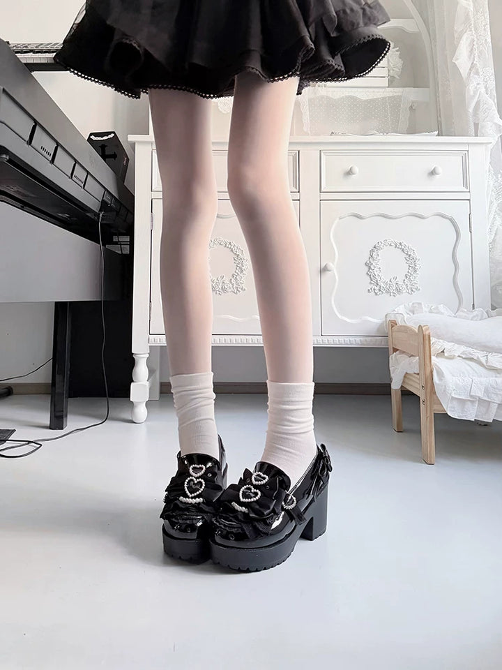 Jirai Kei Chunky Heel Slip-on Shoes, Bows and Pearls 45868:866958