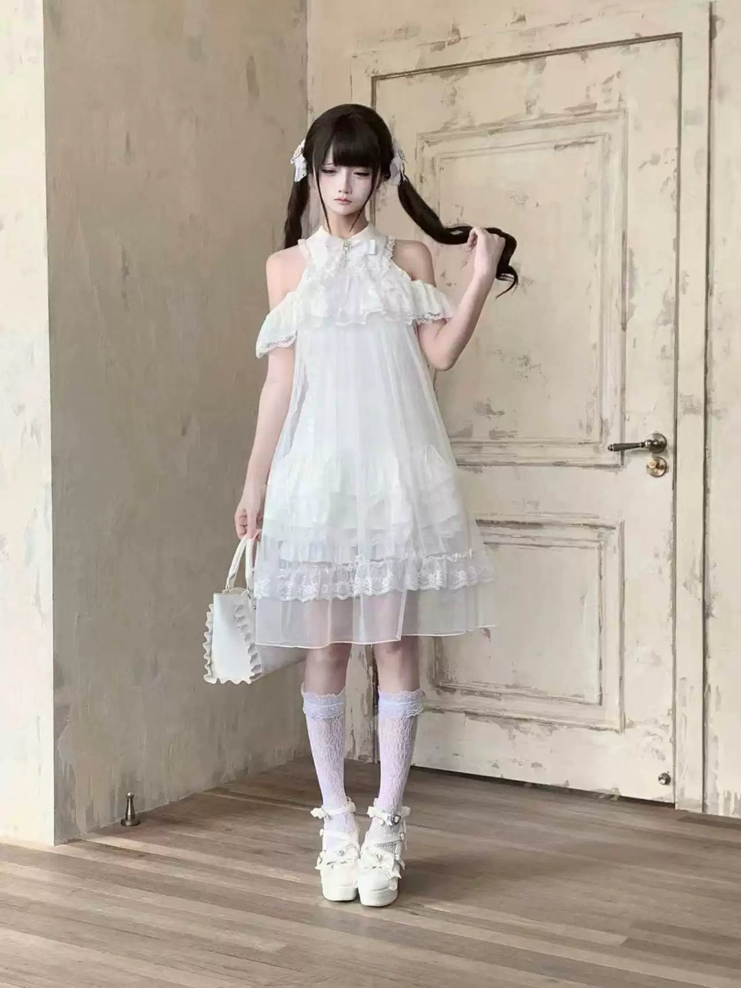 White Lace Open Shoulder Dress, Voile Outer Layered 45423:850583