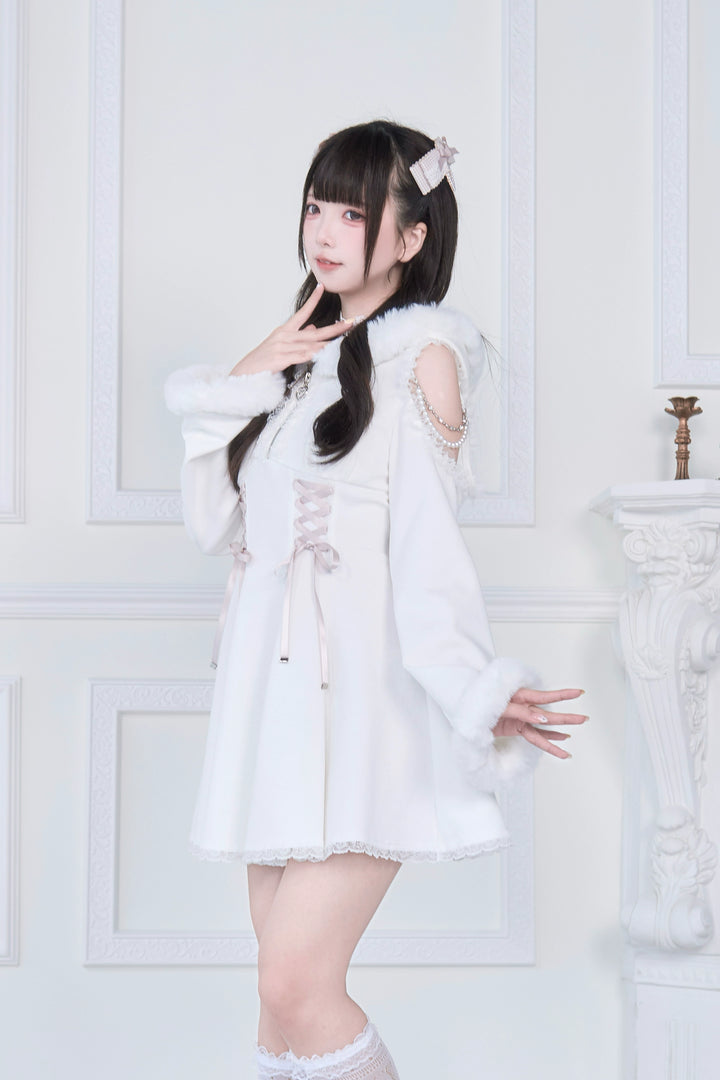 Open-Shoulder Jirai Kei Dress, Oversized Hood 43940:789804