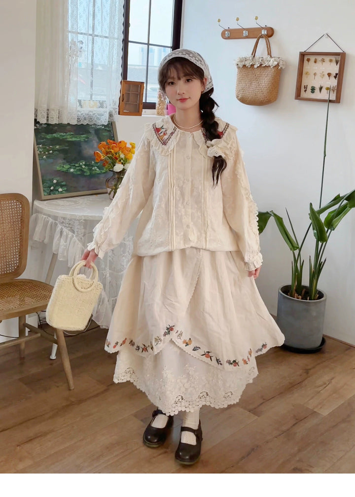 Mori Kei Skirt Sweet Retro Linen Embroidered Long Skirt 41802:714086