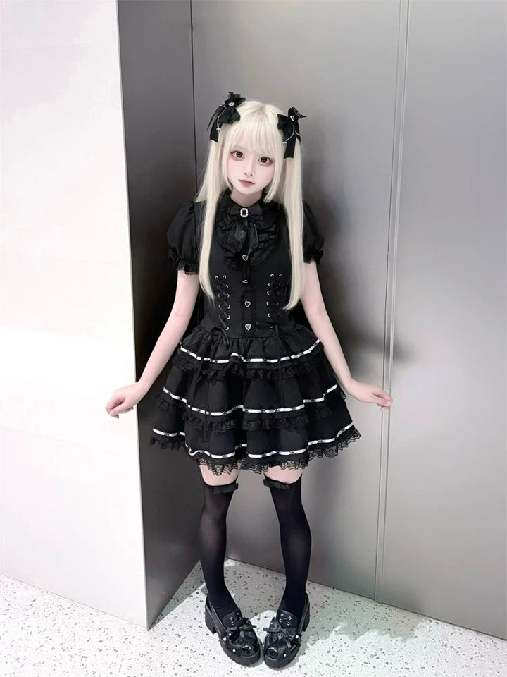 Puffy-Sleeved Jirai Kei Dress, Cake-Designed Hem 45569:854228
