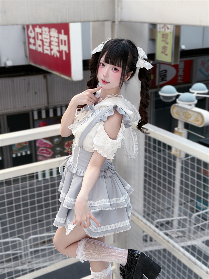 Ryousangata Bunny Ear Hooded Blouse, Tiered Suspender Skirt 45575:858415