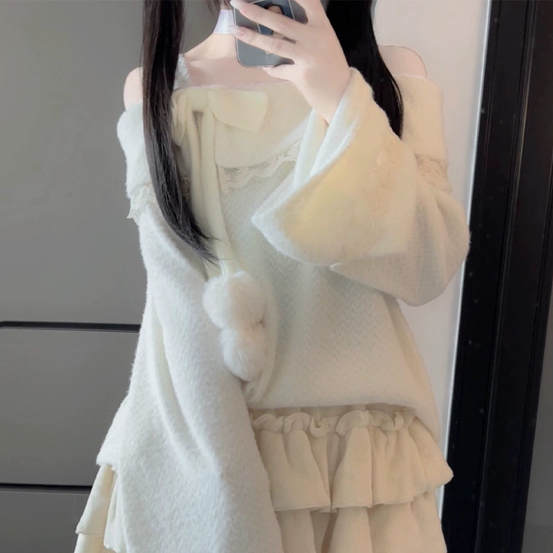 Jirai Kei Sweater White Off-Shoulder Sweater Tiered Skirt 40074:649798