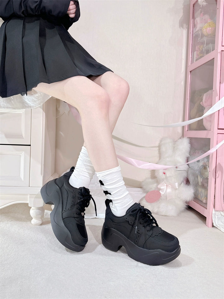 Jirai Kei Sneakers Platform Shoes With Lace Bow and Ruffle Trim 42161:729252