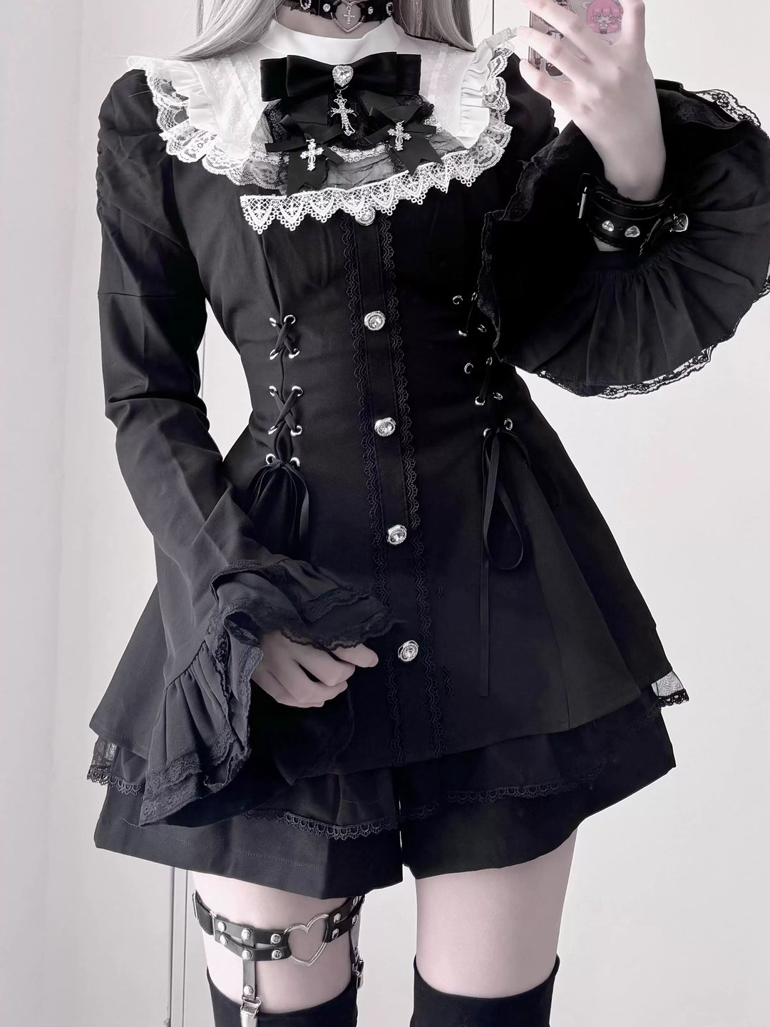 Jirai Kei Flared Sleeve Dress Set, Cross Accents 44369:807250