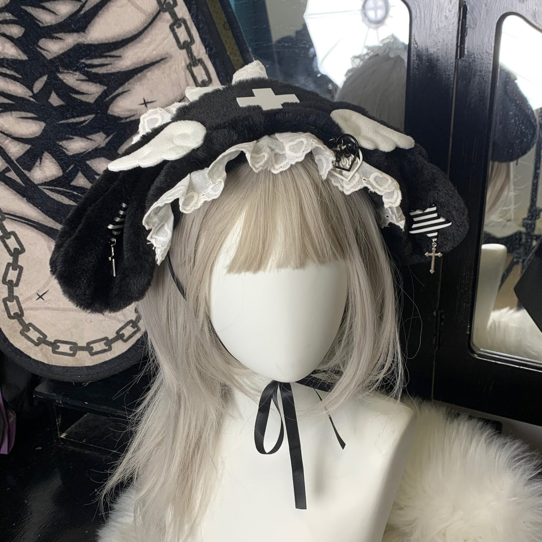 Jirai Kei Lolita Hairband Subculture Lace Furry Hair Accessory (Black) 29296:354312