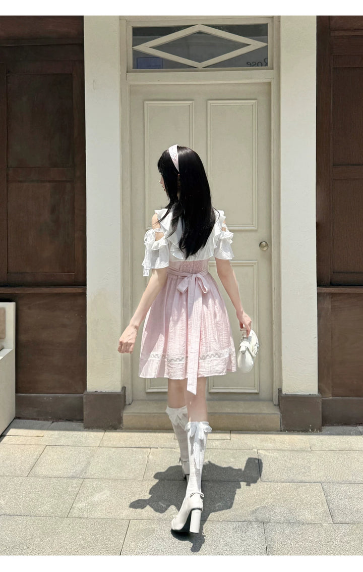 Ryousangata Lace Open Shoulder Dress, Pink & White 45751:863628