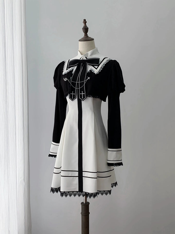 Gothic Dress with Pleated Hem, Detachable Faux Collar 45807:865828