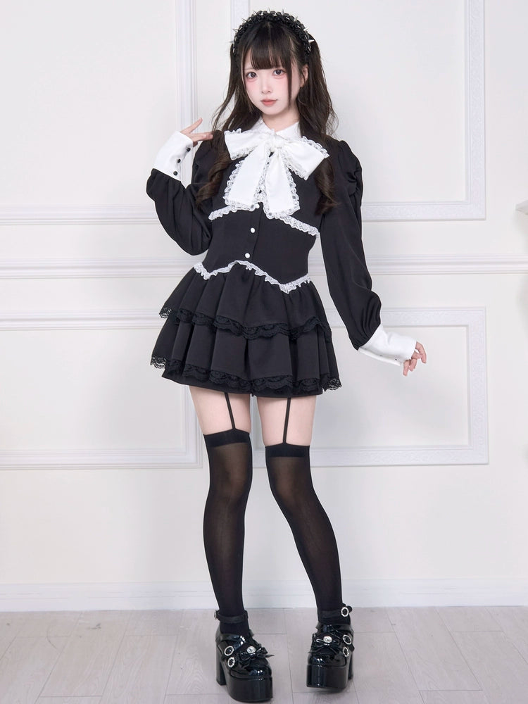 Long-sleeved Jirai Kei Dress, Elastic Shorts (L M) 44117:796536