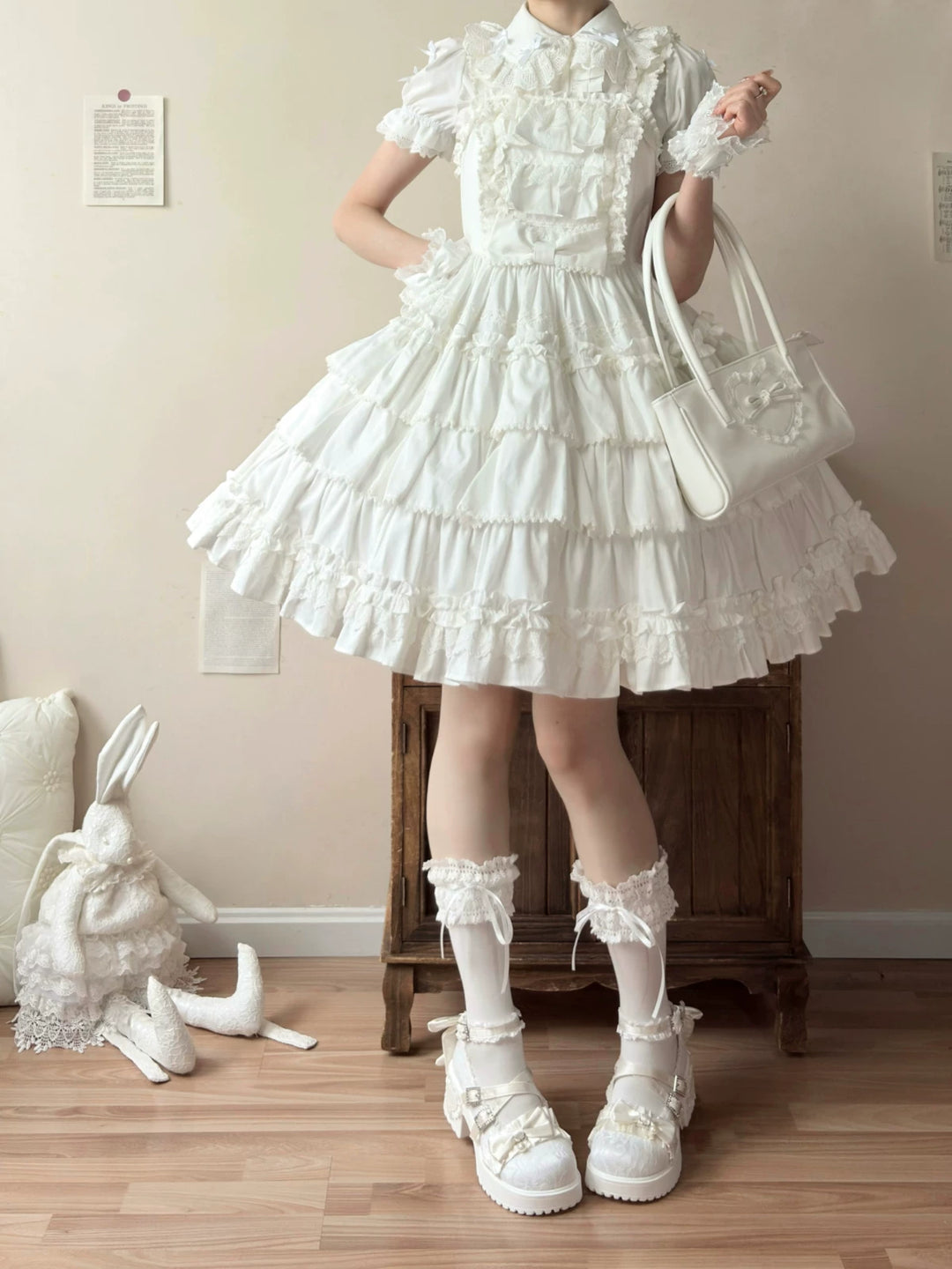 Classic Lolita Mary Jane Shoes, Lace Tulle & Ribbon Bow 46012:873452