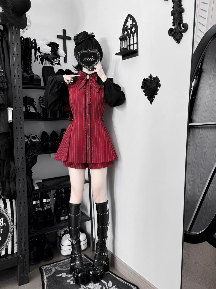 Jirai Kei Striped Dress, Contrast-color Long Sleeve 45795:865653