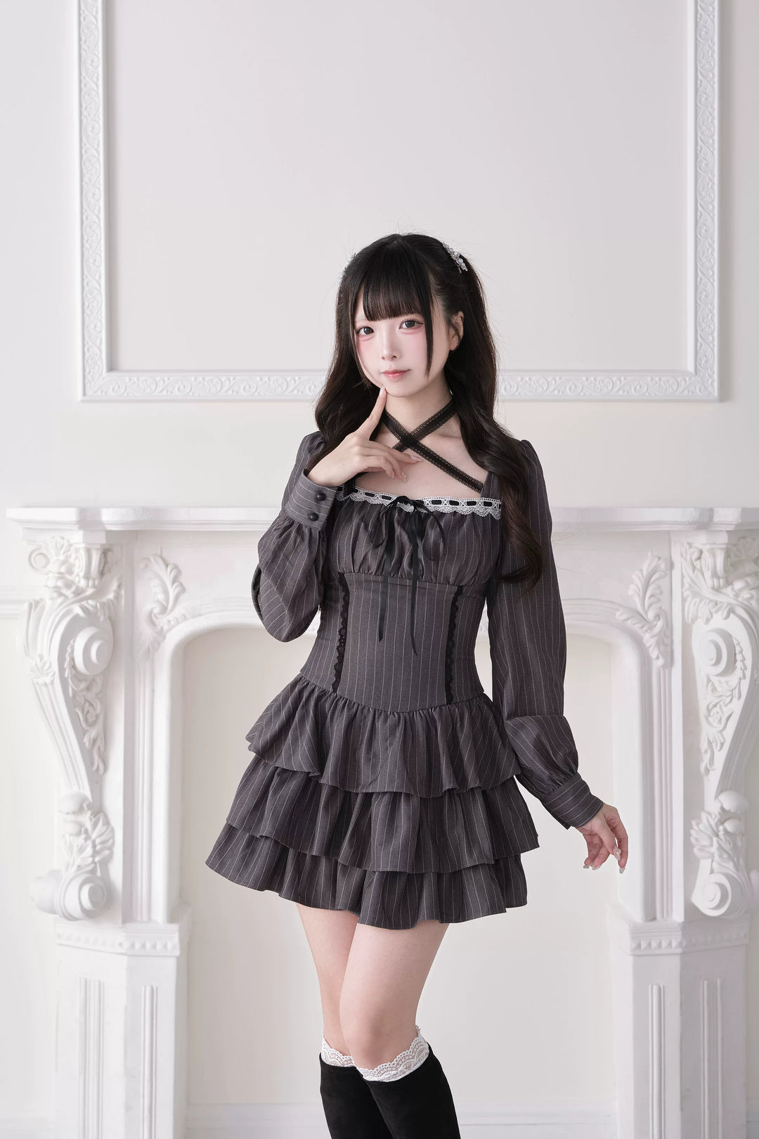 Jirai Kei Halter Neck Dress, Tiered Ruffles 44688:819236