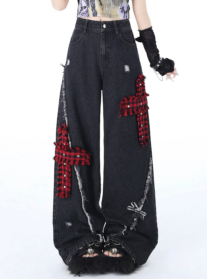 Punk Wide-Leg Pants Subculture Trousers Black Straight Jeans 39548:632758