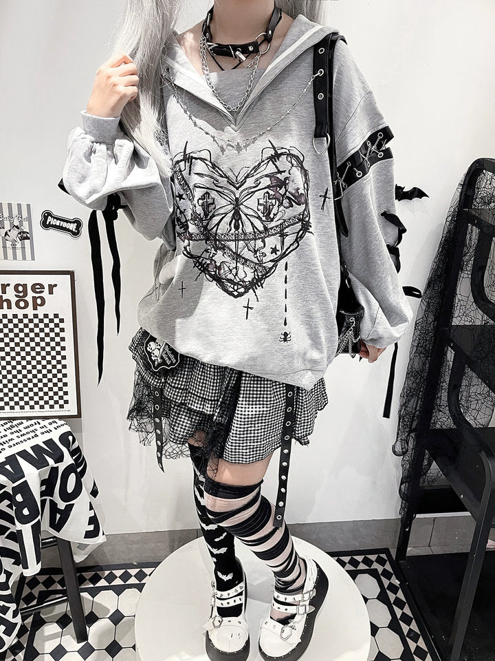 Jirai Kei Outfit Set Gothic Sailor Collar Sweatshirt Set 35762:517420 35762:517420