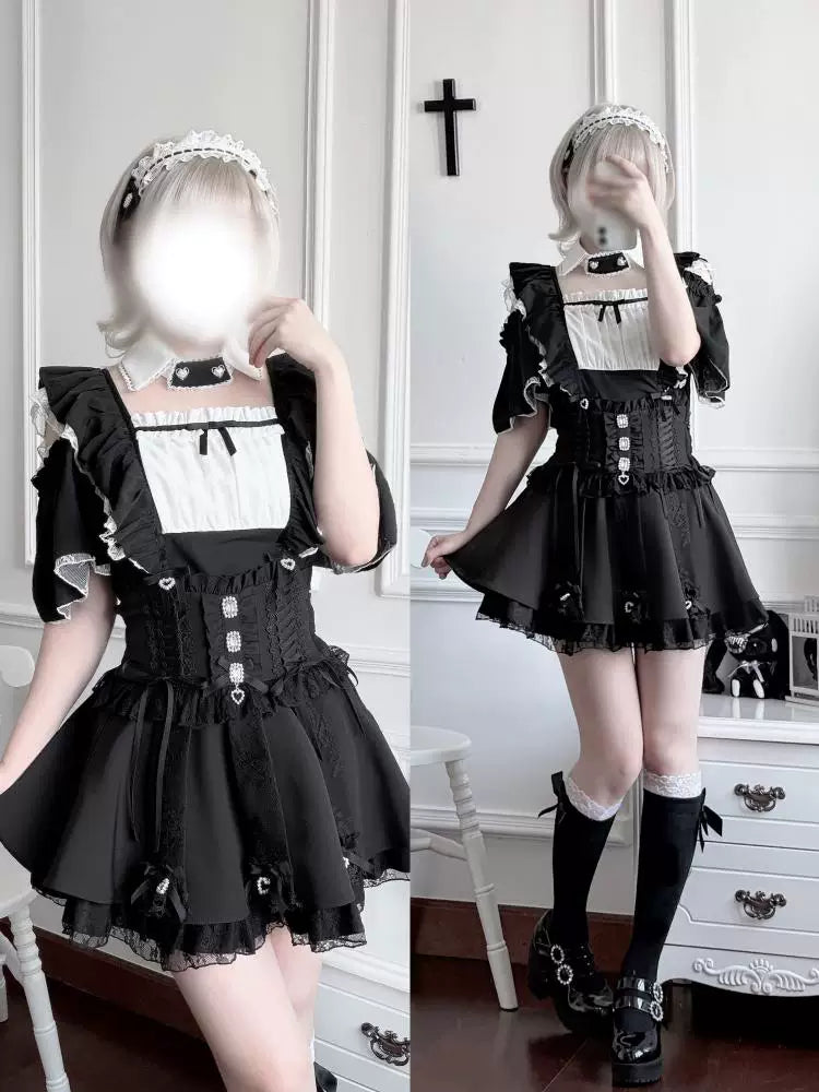 Jirai Kei High Waist Skirt, Lace Ruffle & Rhinestone 45843:865671