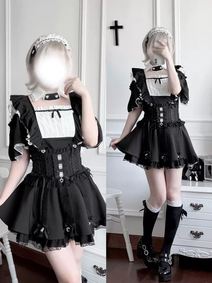 Jirai Kei High Waist Skirt, Lace Ruffle & Rhinestone 45843:865671