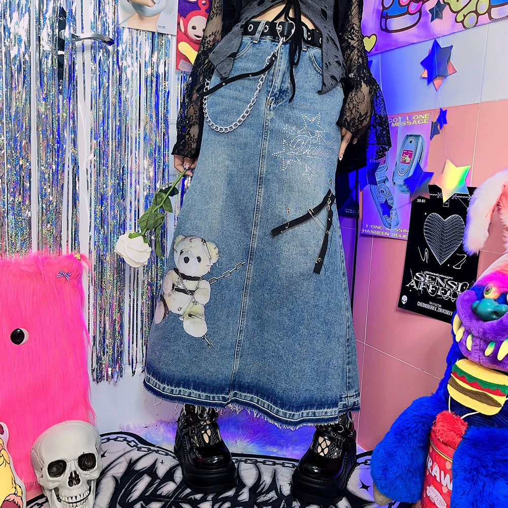 Y2K Blue Denim Skirt With Bear Pattern 29604:365444 29604:365444