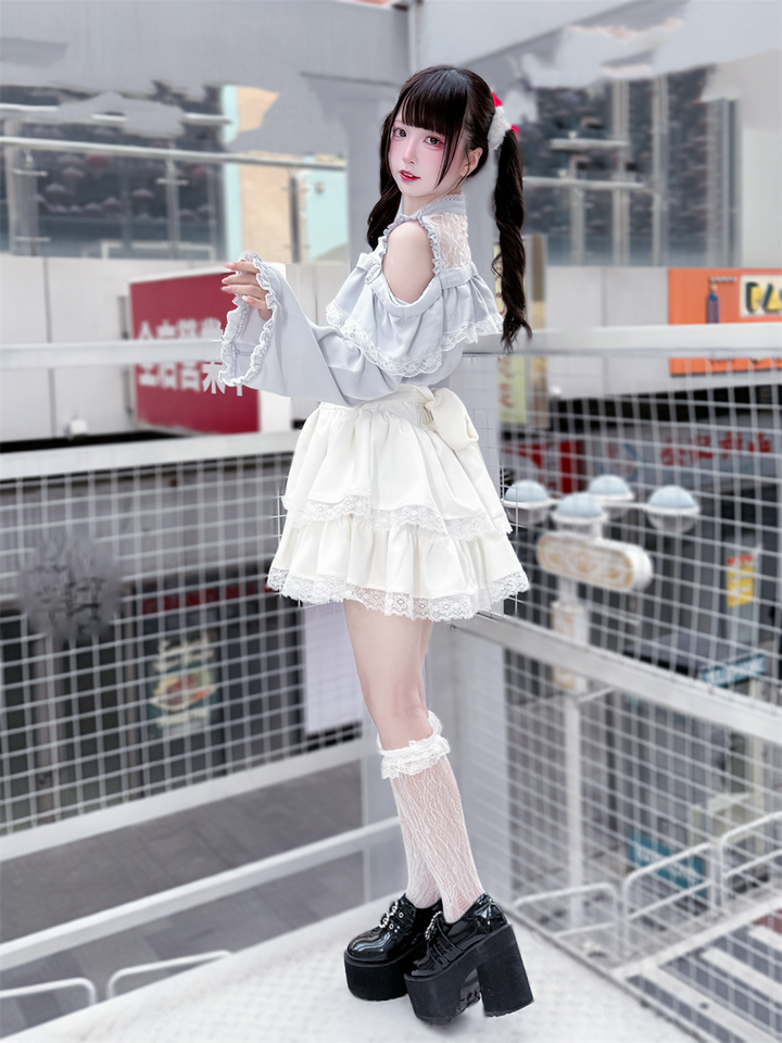 Jirai Kei Open Shoulder Blouse + Tiered Ruffles Skirt 43686:782891