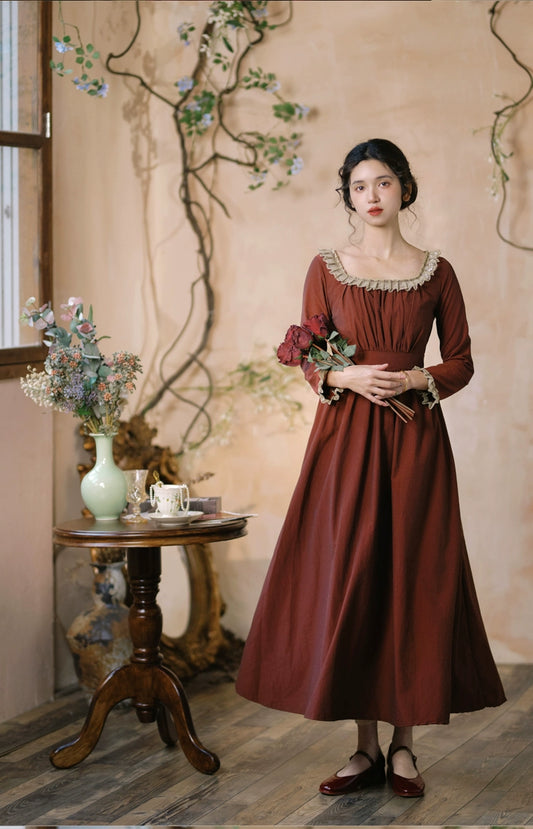 Mori Kei Dress Classical Oil Painting Dress Rust Red Dress 36348:544660