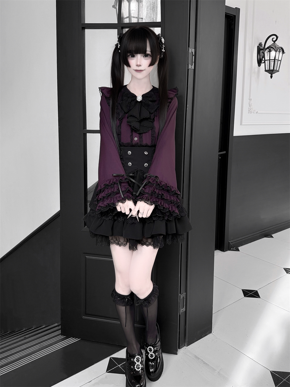 High-Waisted Jirai Kei Skirt, Lace Hem 44810:822734