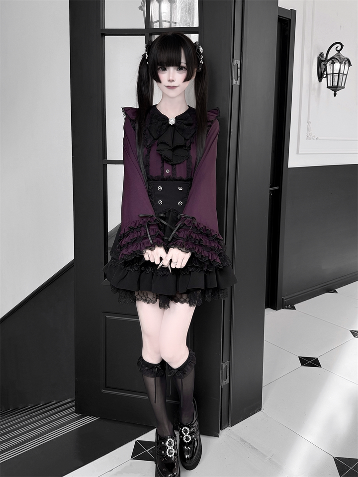 High-Waisted Jirai Kei Skirt, Lace Hem 44810:822734