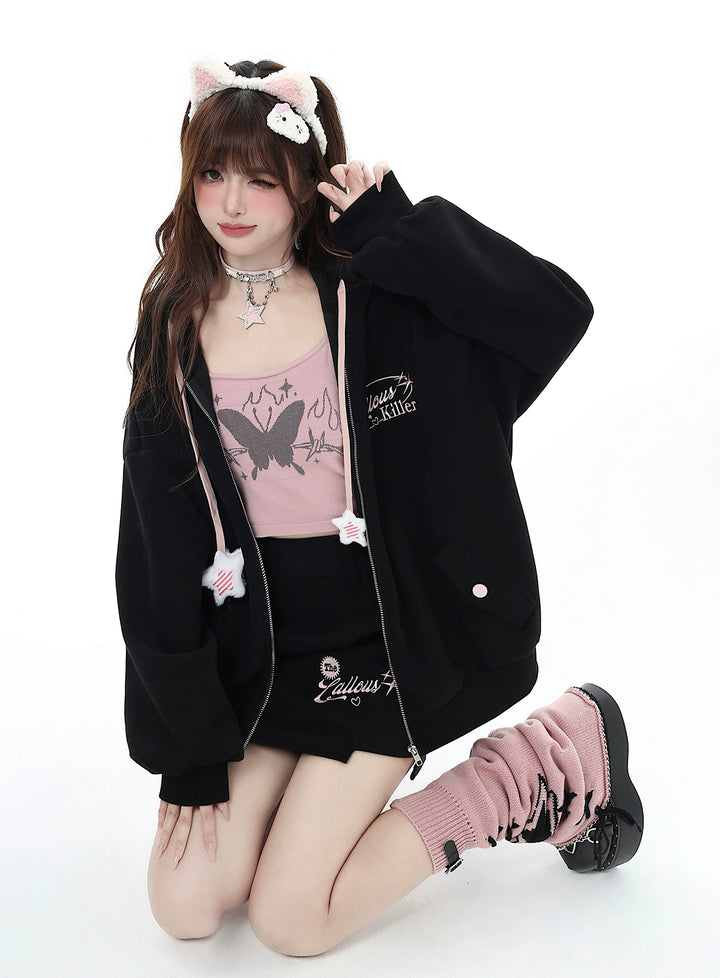 Jirai Kei Hoodie Zipper Jacket Casual Wear Skirt Set Pink Black 32456:439284