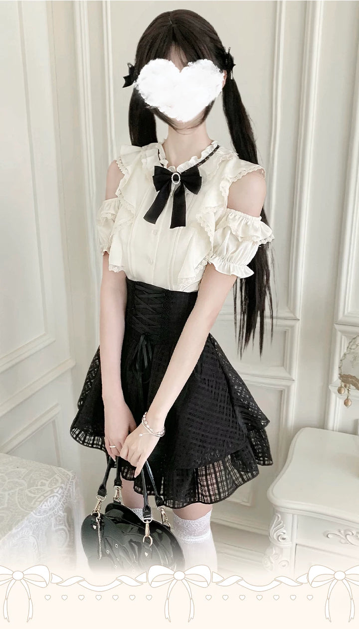 Black Jirai Kei Skirt Set with Open-shoulder Lace Blouse (L M S) 42239:819000