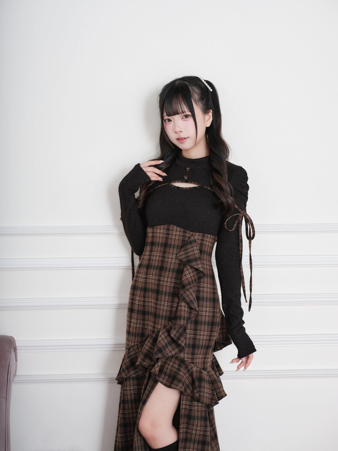 Jirai Kei Plaid Dress, Chest Cutout & Flounce Slit Hem 45956:869347