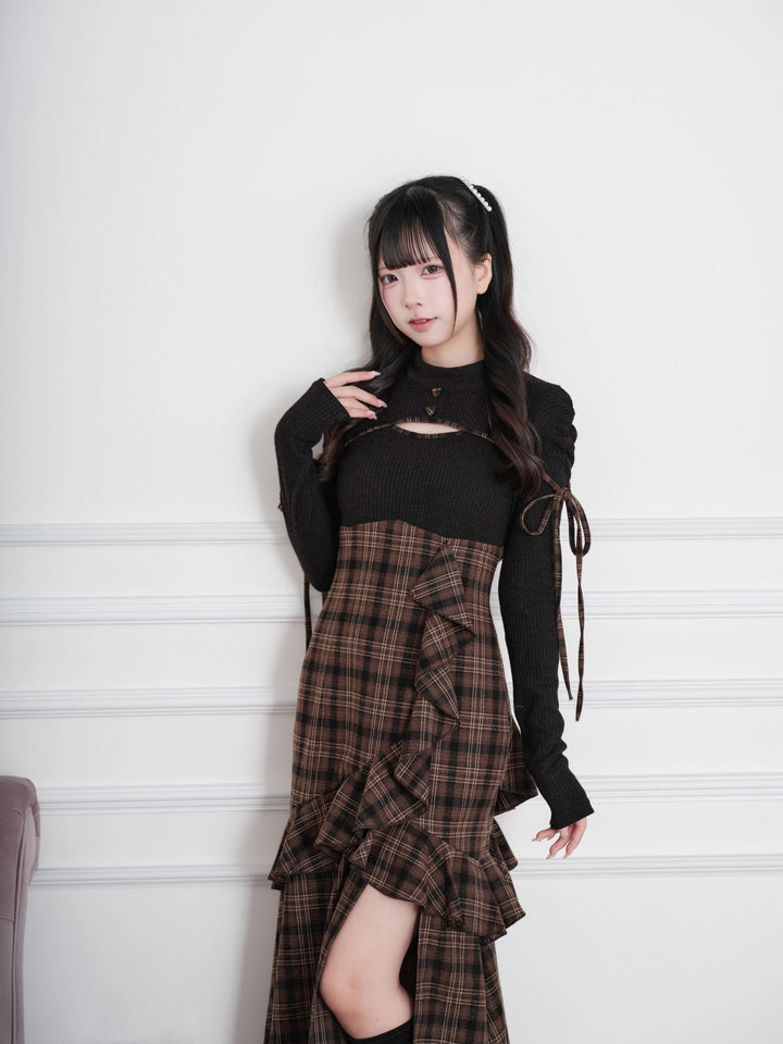 Jirai Kei Plaid Dress, Chest Cutout & Flounce Slit Hem 45956:869347