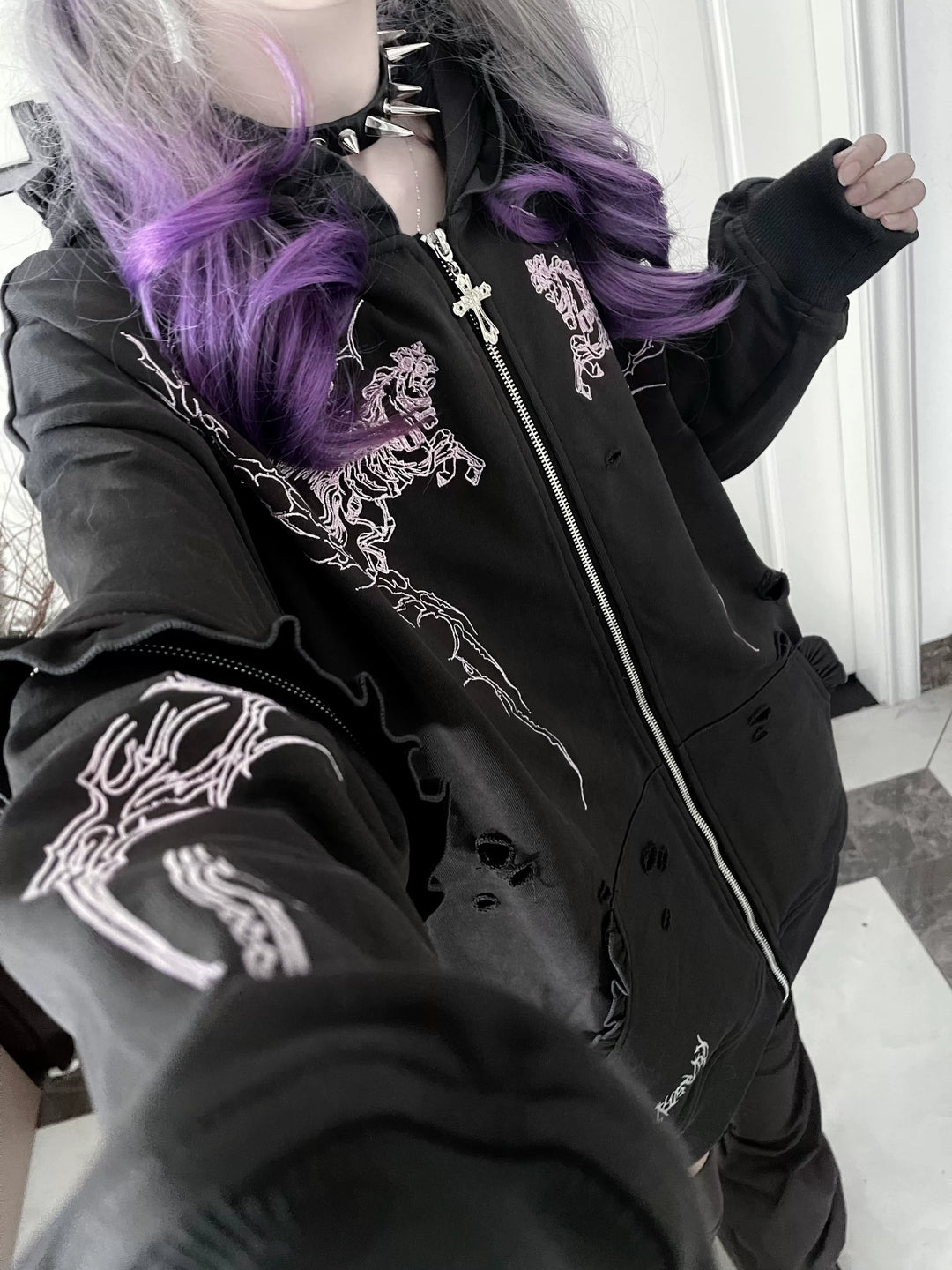 Punk Hooded Jacket, Ripped Details & Horse Embroidery 45939:871211