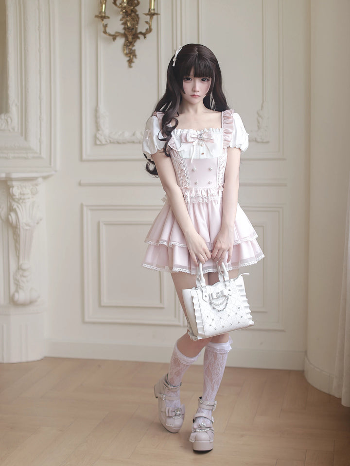 Jirai Kei Puff Sleeve Dress, Layered Tulle Hem 45340:847367