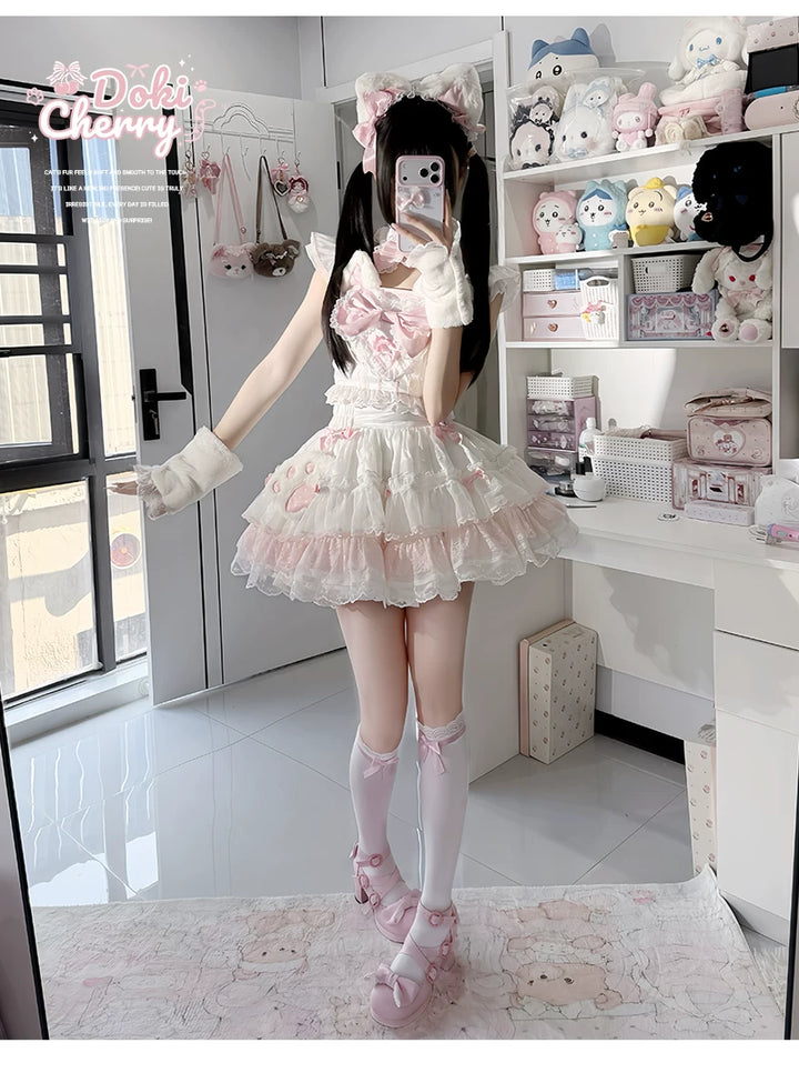 Kawaii Lolita Tiered Skirt Set, Cat Ears & Polka Dot Bow 44958:837104