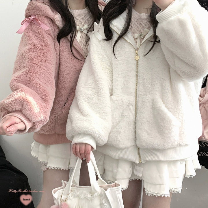 Jirai Kei Winter Coat Bunny Ear Hooded Coat Plush Jacket 40402:666838