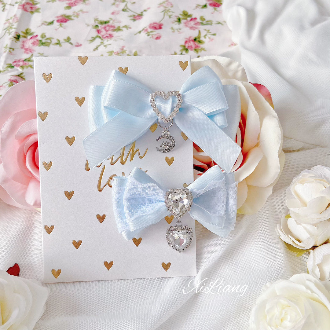 Jirai Kei Blue Hair clips Heart Rhinestone Bow Accessories 33792:450000 33792:450000