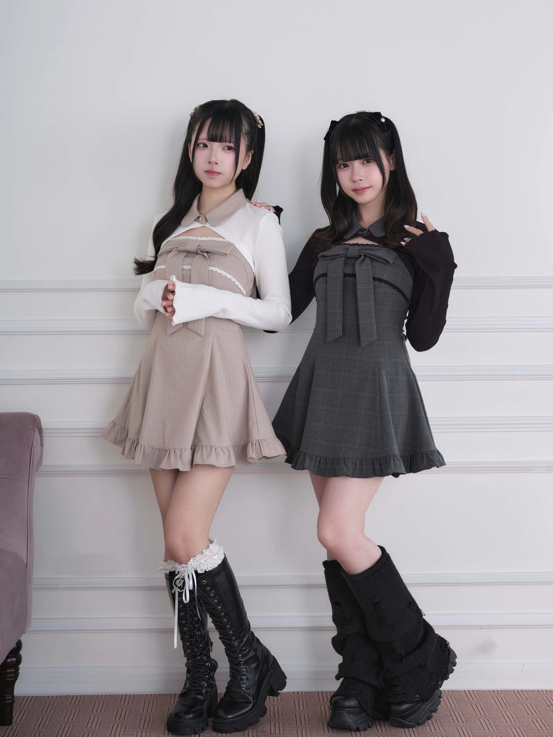 Ryousangata Dress & Knit Bolero Set, Plaid/Striped Pattern 46030:873166