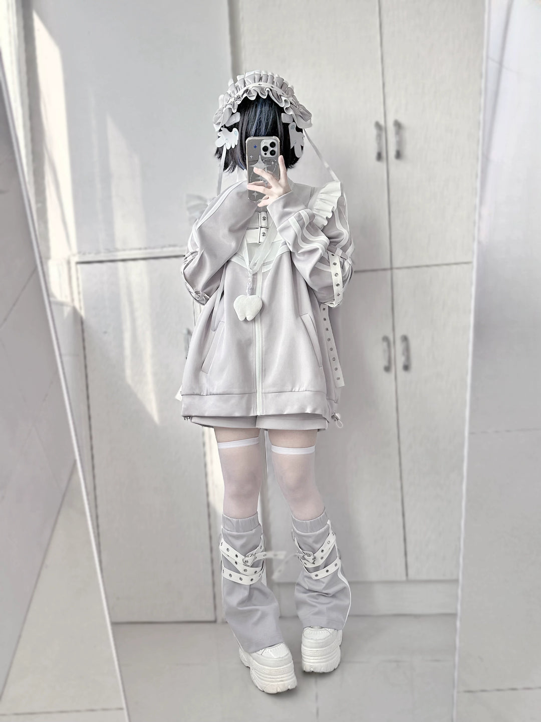 Jirai Kei Outfits Set Gray Black Jacket And Shorts Set 35728:502680